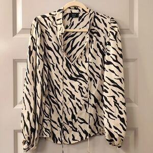Animal print women's v neck blouse with balloon sleeves and tie front size med